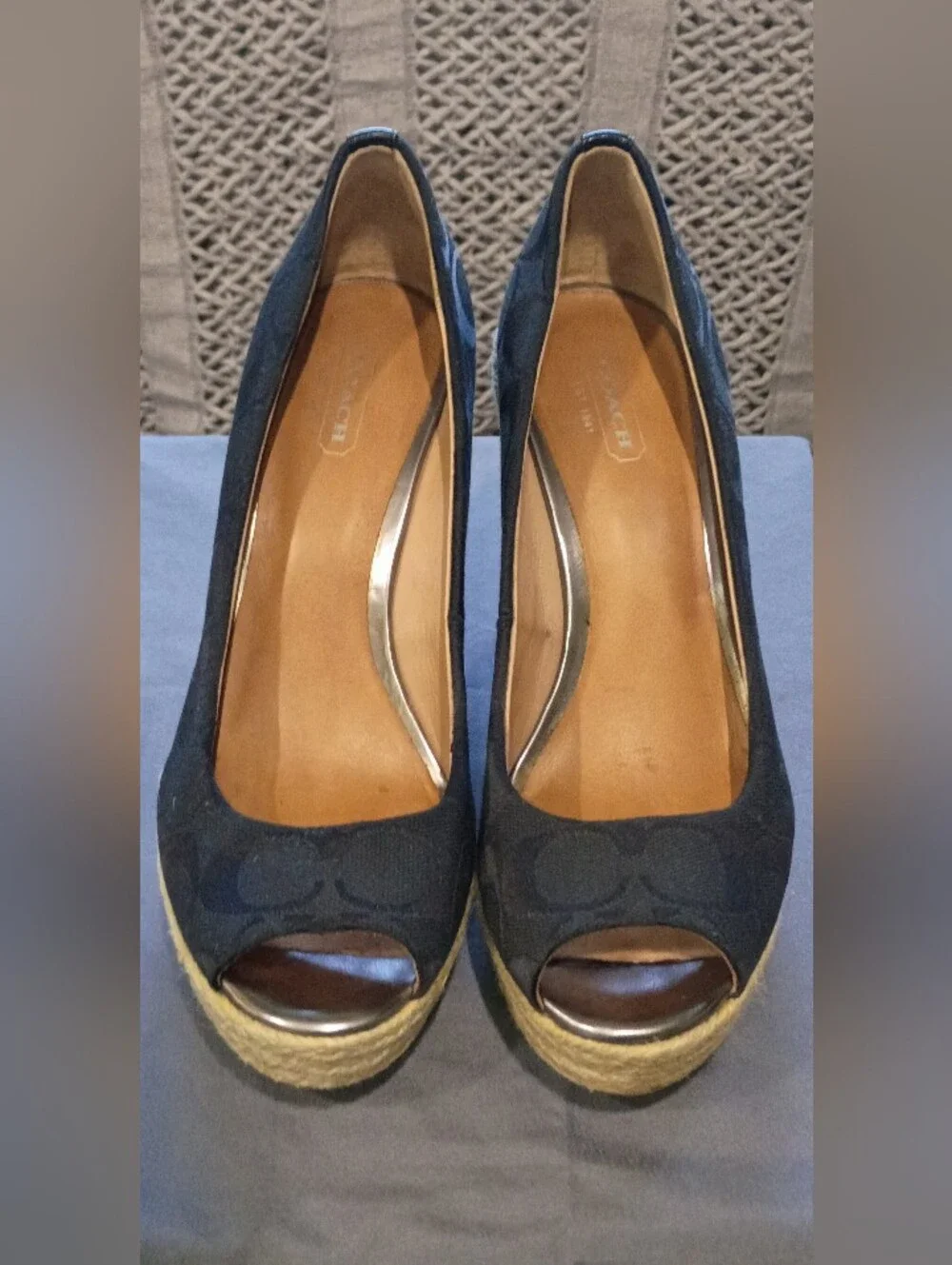 Coach Navy Signature Canvas Peep Toe Espadrille Wedges